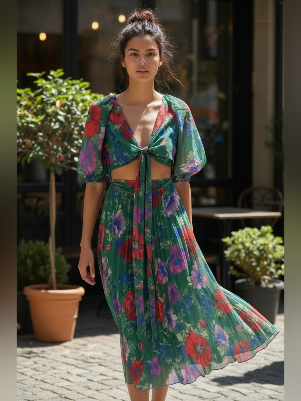ASOS Floral Tie-Front Pleated Midi Dress with Cut-Out